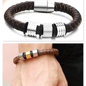 Men's Women Leather Bracelet Stainless Steal 8"
